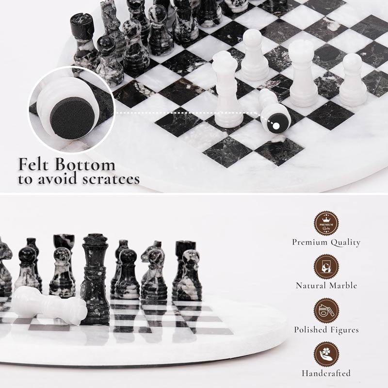 30 cm Round Chess Set With Standard Storage Box - White & Zebra Black