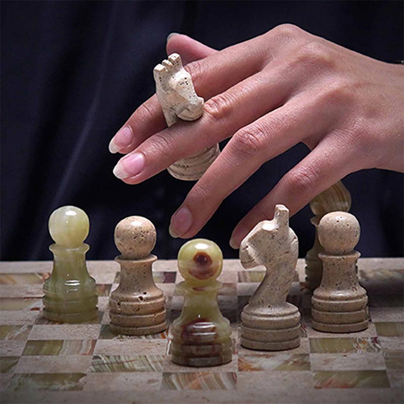 30cm Chess Set With Standard Storage Box - Travertine & Green
