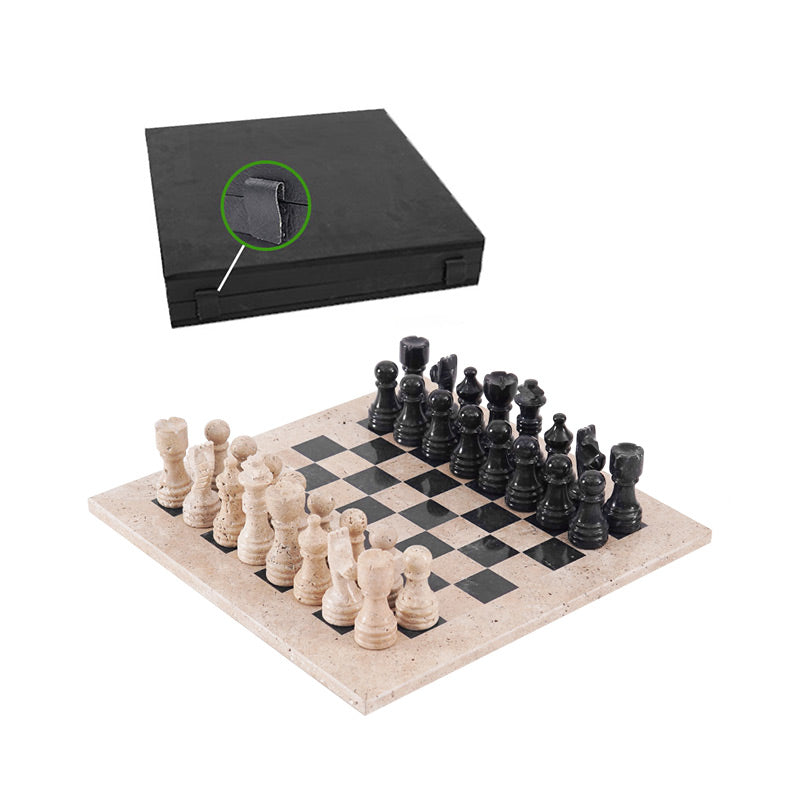 30cm Chess Set With Storage Box - Travertine & Black