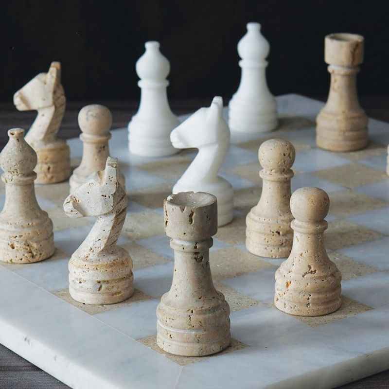 38cm Chess Set With Standard Storage Box - White & Travertine