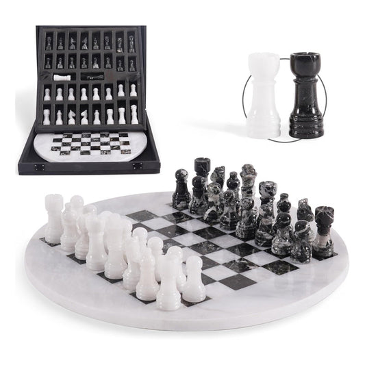 30 cm Round Chess Set With Standard Storage Box - White & Zebra Black