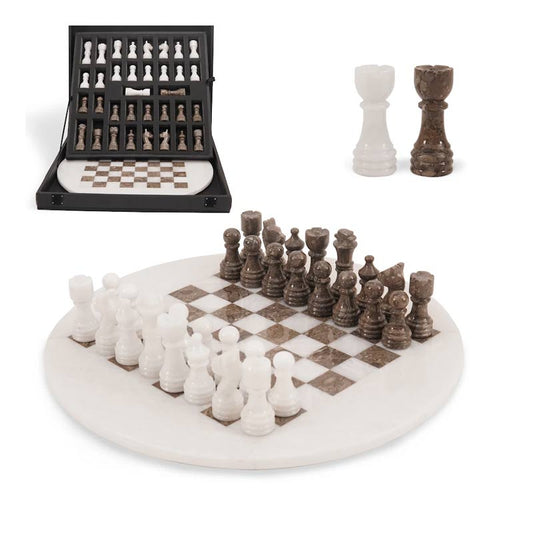 38 cm Round Chess Set With Standard Storage Box - White & Oceanic