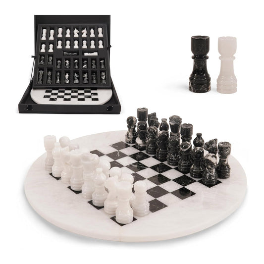 38 cm Round Chess Set With Standard Storage Box - White & Zebra Black