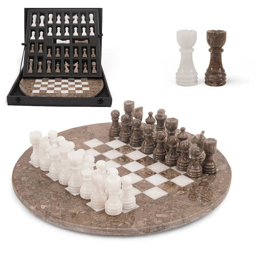 38 cm Round Chess Set With Standard Storage Box - Oceanic & White