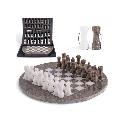 30 cm Round Chess Set With Standard Storage Box - Oceanic & White