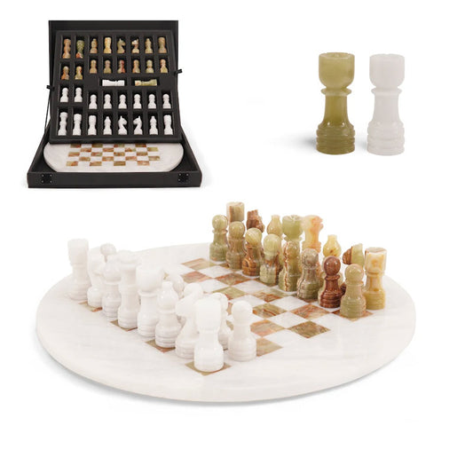 38 cm Round Chess Set With Standard Storage Box - White & Green