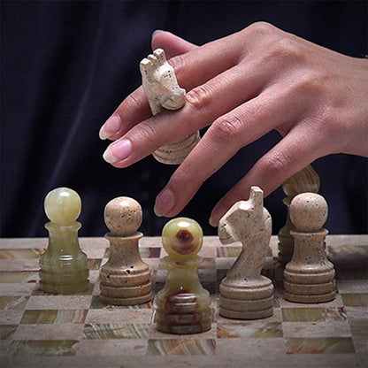30cm Chess Set With Standard Storage Box - Travertine & Green