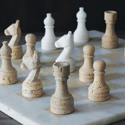 38cm Chess Set With Standard Storage Box - White & Travertine